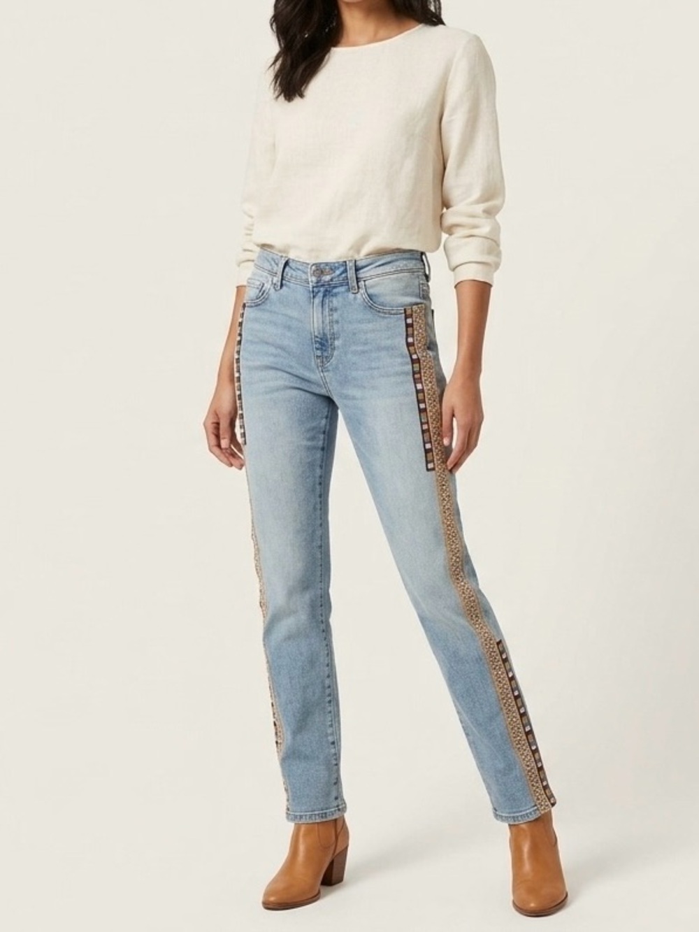 Pilcro Women's Light Blue Straight Jeans with Multicolor Side Trim 28 Waist